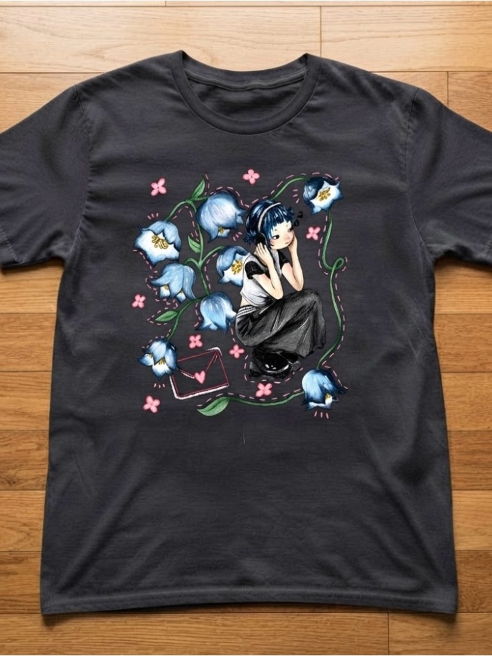 Anime Girl & Blue Bellflowers Anime Aesthetic Graphic Tee